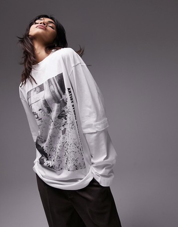 Topshop graphic floral long sleeve 2 in 1 skater tee in ecru-White