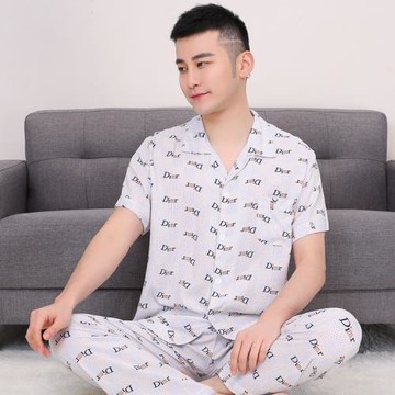 夏季棉綢男士睡衣短袖長褲薄款人造棉中青年男家居服休閑套裝綿綢