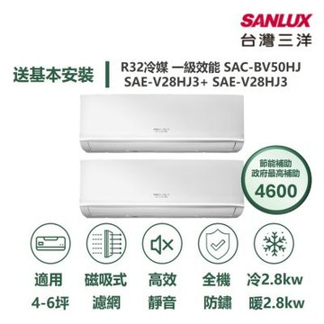 【SANLUX 台灣三洋】家電速配 4坪+6坪 一對二 一級變頻冷暖分離式冷氣SAC-BV50HJ/SAE-V28HJ3+SAE-V28HJ3