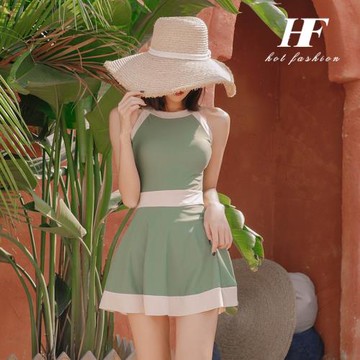 拼色泳衣女士款泡溫泉高級感性感掛脖保守裙式連體小胸裝2025新款