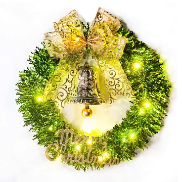 摩達客 14吋時尚果綠系金蔥彎絲聖誕花圈+20燈LED暖白光燈串 本島免運費