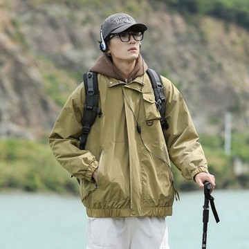 軍綠色工裝外套男春秋美式機能立領沖鋒衣潮牌高級感痞帥夾克上衣