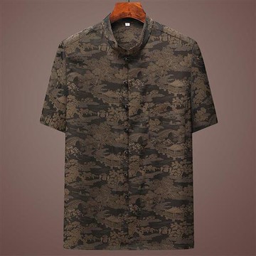 【米蘭精品】唐裝上衣短袖漢服-中老年寬鬆緞面爸爸裝男外套3色74fo18