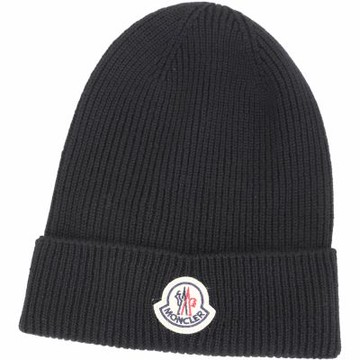 MONCLER 品牌徽章補丁反摺羅紋針織羊毛帽(黑色)