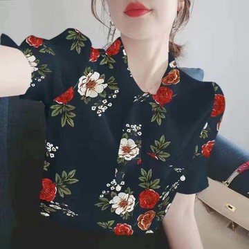 超仙法式雪紡衫時尚洋氣短袖上衣女裝年夏裝新款T恤印花小衫