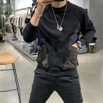 中山衛衣男士2024秋冬新款美式圓領潮流拼接口袋長袖t恤休閑上衣