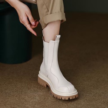 設計感真皮圓頭切爾西短靴女2025新款白色馬丁靴小個子厚底煙筒靴