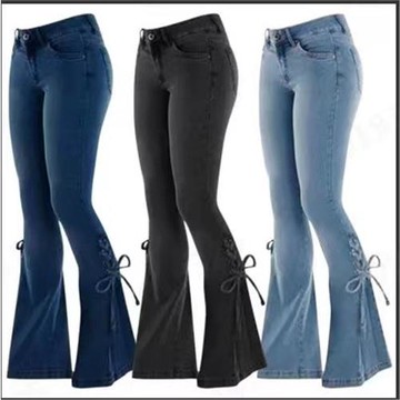 女士歐美女款牛仔褲中腰系帶牛仔長褲彈力牛仔褲女裝喇叭褲子