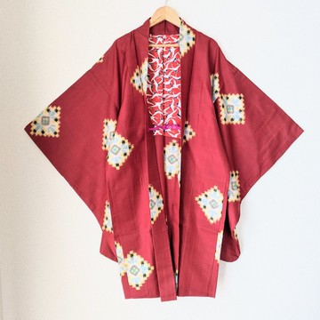 日本 Vintage 羽織 正絹 銘仙 紅色 內襯可愛 古布 民藝 時代布 獨一無二 大正浪漫 和洋混搭
