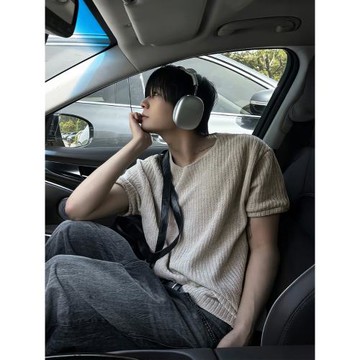 杏色網眼透氣坑條短袖T恤男港風復古ins潮流體恤寬松休閑親膚上衣