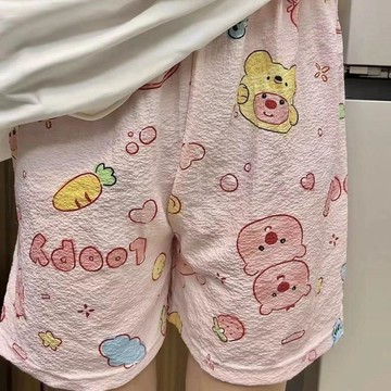 台灣出貨 特大碼胖mm短褲睡衣女寬鬆泡泡棉ins風波點印花春夏款居家短褲女 睡褲女 家居褲子 大尺碼睡褲 休閒短褲 闊腿
