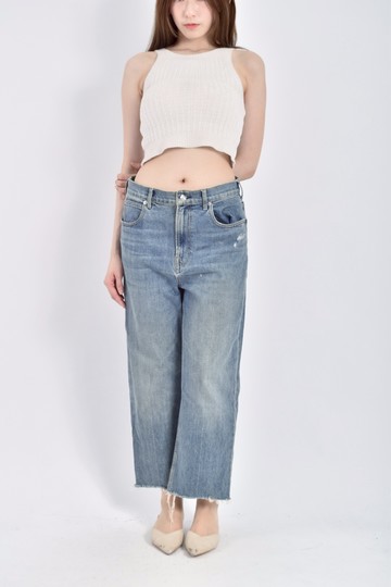 (XL) everlane高腰質感丹寧牛仔棉質刷色藍色長褲