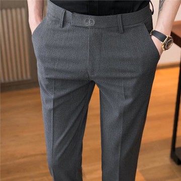 秋冬季灰色休閑褲男士商務修身小腳西裝褲英倫西褲加絨長褲九分褲