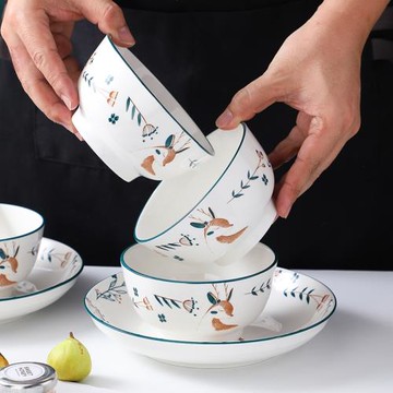 泡面碗家用2025新款網紅陶瓷米飯碗卡通小碗盤套裝吃飯碗10個裝