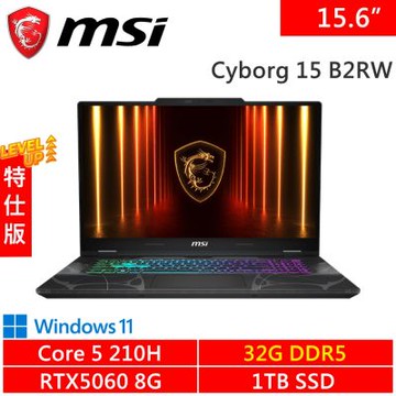 MSI微星 Cyborg 15 B2RWFKG-276TW-SP2 15.6吋 黑(Intel Core 5 210H/32G/1TB/RTX5060 8G)特仕版
