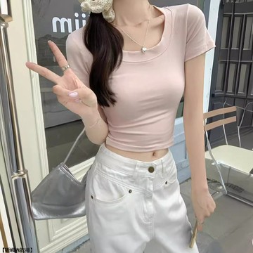 純欲修身顯身材辣妹上衣女時尚高腰顯瘦韓系簡約風短袖T恤潮