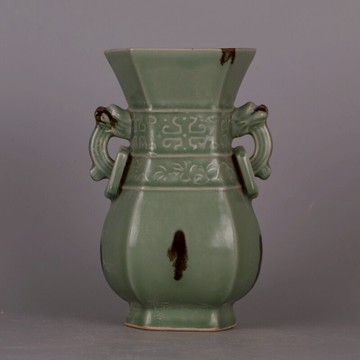 宋 龍泉窯青釉六方雙耳點彩瓶 仿宋代出土舊貨古玩古董家居手工瓷