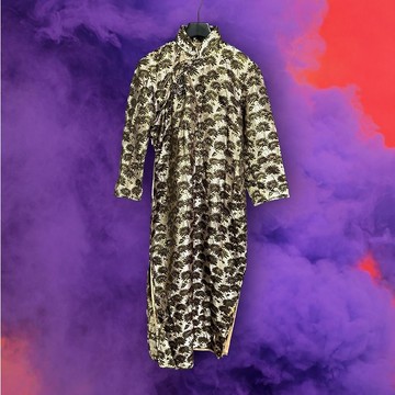 二手 灰黑金配色 略亮面 偏挺 刺繡 古董訂製 長袖 旗袍 PF1215