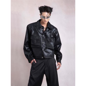 PLAN1ONE春季短款痞帥寬松皮衣外套高級感廓形PU機車墊肩夾克上衣