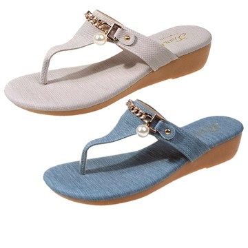 【白鳥麗子】楔型鞋 MIT布面T字金屬鍊珍珠夾腳拖鞋 店長推薦