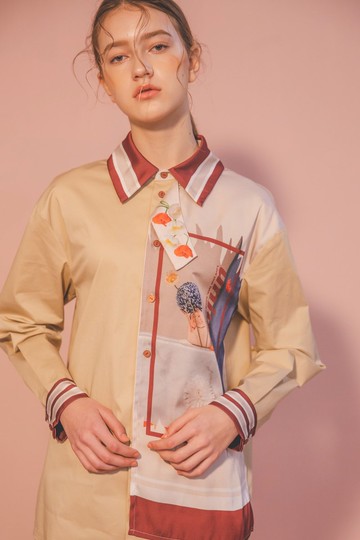 Sample Sale/ 數位印花拼接襯衫-卡其