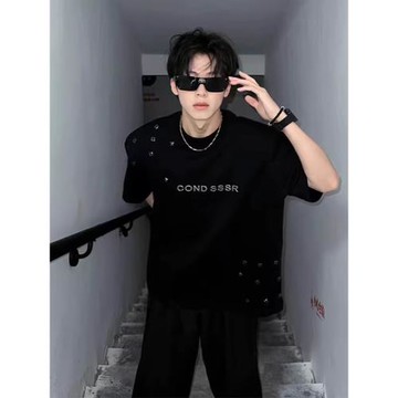 美式重磅黑色墊肩T恤男夏季小眾金屬設計感短袖高級感痞帥半截袖