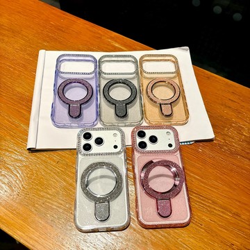 炫影鑲鑽支架保護殼 大視窗輕奢風閃粉殼 適用 蘋果 iPhone 17 16 15 14 13 Pro max 手機殼