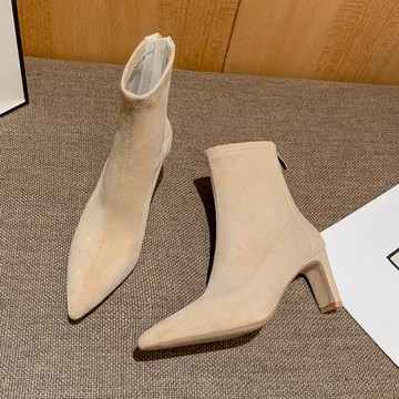 高跟絨面瘦瘦靴子女尖頭彈力襪靴秋冬季法式裸色中跟短靴女及踝靴