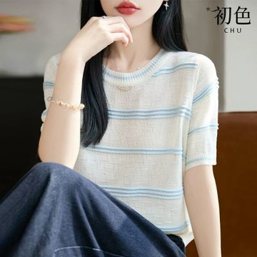 初色 簡約薄透圓領撞色條紋短袖針織T恤上衣女上衣-共5色-50940(F可選)