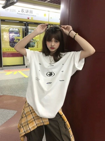夏季100%棉韓版辣妹上衣夏季新品百搭顯瘦印花中長款寬鬆短袖 寬鬆 顯瘦 女生上衣 T恤 短T