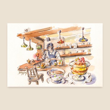 日本東京復古咖啡館 水彩旅行明信片單張