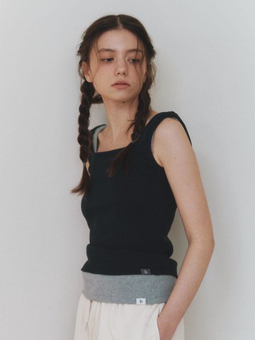 Cotton Ribbed Square Neck Sleeveless Top [Navy]