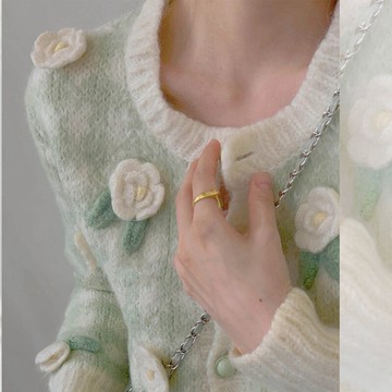 歐洲站超好看的上衣重工立體薄荷綠色設計感小眾花朵羊絨毛衣女冬