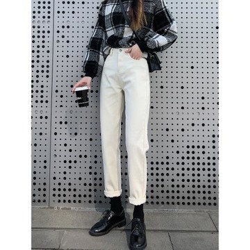 白色直筒牛仔褲女秋款蘿卜微喇高腰哈倫褲女八分小個子老爹褲九分