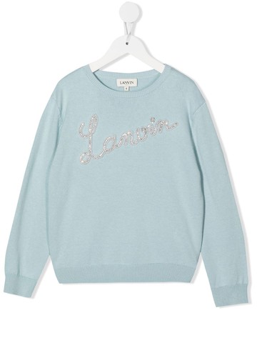 Lanvin Enfant - rhinestone-logo crew-neck jumper - kids - Cotton/Wool - 4 yrs - Blue