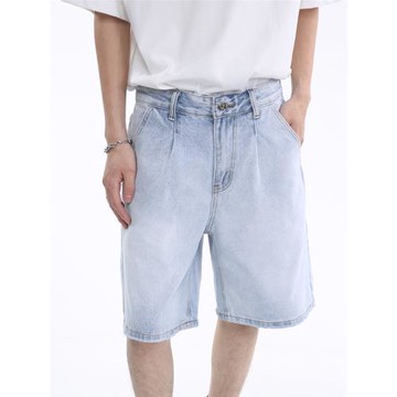 Voguo Relay 夏季新品水洗藍5分牛仔褲中腰寬松直筒中褲短褲男女