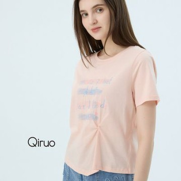 Qiruo 奇若專櫃精品粉色英文短袖上衣2531A  棉質女裝