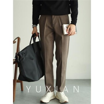YUXIAN冬季彈力毛呢休閑商務西褲修身直筒九分長褲保暖純色男士
