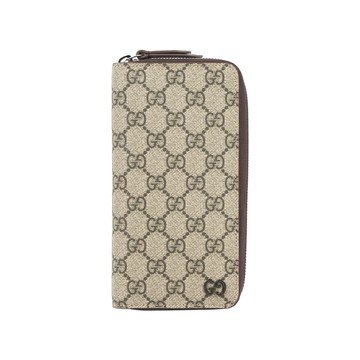GUCCI Logo GG Supreme 塗層帆布ㄇ形拉鍊全開長夾(深棕色)