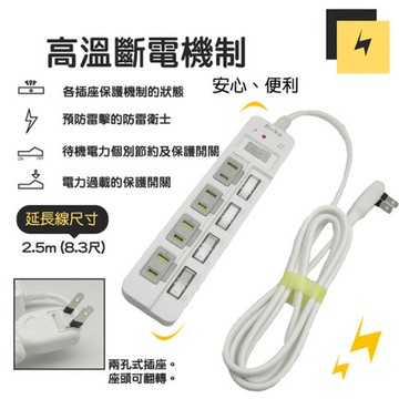 朝日科技 PTP-254-25 2P高溫斷電5開4插延長線 1入