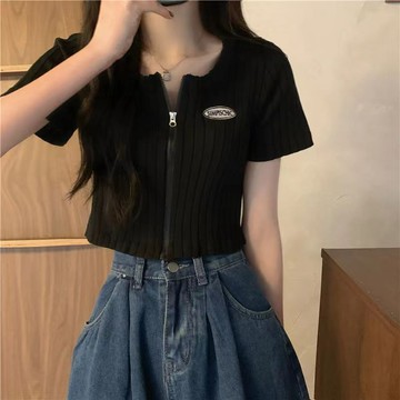 小衆T恤女 針織T恤 短袖上衣女 短袖女 性感上衣 打底衫女 T恤女 修身短袖 短款上衣 短版上衣 短t 黑色上衣 拉鏈