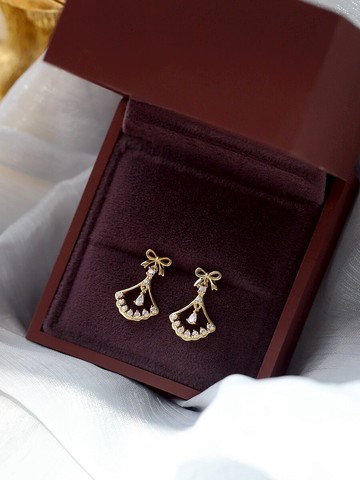 純銀扇形耳環女復古滿鉆超閃輕奢防過敏蝴蝶結耳釘高級感韓版名媛1入