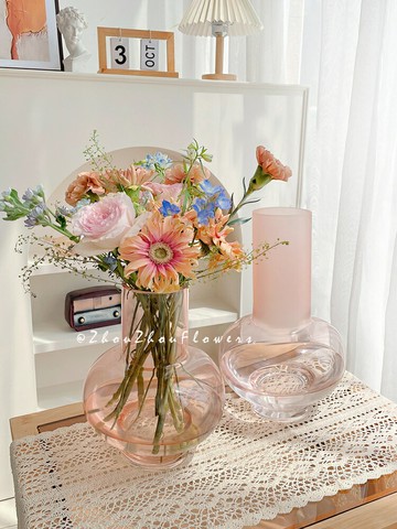 【可開發票】 宅配到府 花瓶 玻璃花瓶輕奢粉色玻璃花瓶插花瓶現代簡約家居客廳樣板房軟裝飾品擺設創意~優樂悅