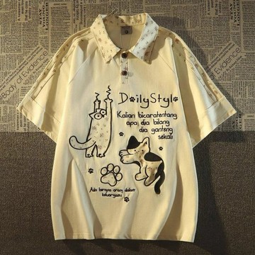 台灣出貨 翻領三條槓卡通貓咪印花字母短袖T恤POLO衫男女情侶休閒寬鬆體恤 polo衫 休閒上衣 翻領短袖 t恤女