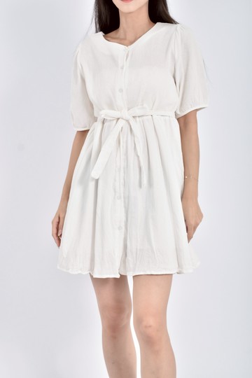 (S) 質感棉質五分袖白色綁帶洋裝