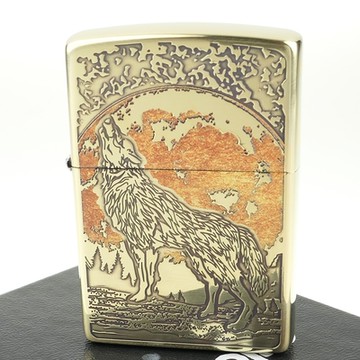 【ZIPPO】日系~狼嚎圖案設計打火機(黃銅鏡面款)