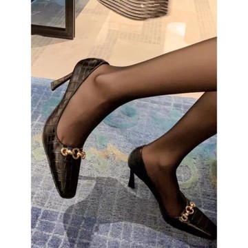 2025年早春新款黑色石頭紋高跟鞋女細跟方頭職業淺口單鞋氣質名媛