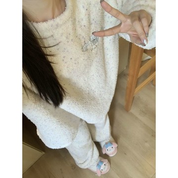 DUYI~夢詩 新款韓版秋冬季半邊絨睡衣女加厚保暖珊瑚絨圓領卡通家居服套裝