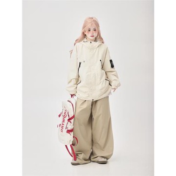 戶外小個子連帽拼接沖鋒衣女春秋寬松oversize登山服外套休閑百搭