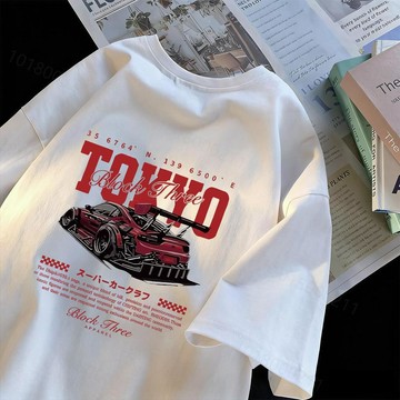 【現貨！當天發！】賽車印花短袖 美式復古t恤 純棉重磅T恤 oversize寬鬆短t 大尺碼短tee 夏季上衣 透氣棉t